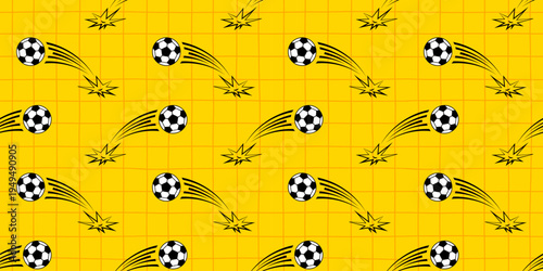 Football, soccer seamless ball pattern for a sport vector design with a doodle print border. Cute hexagon background wallpaper and net graphic for a world cup kids concept