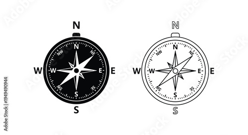 Two compasses displaying cardinal directions north south east and west