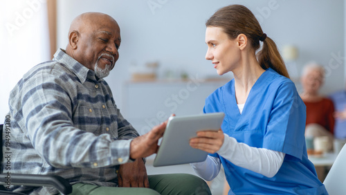 фотографія A caregiver helps an elderly man with a tablet while sitting in a clinic