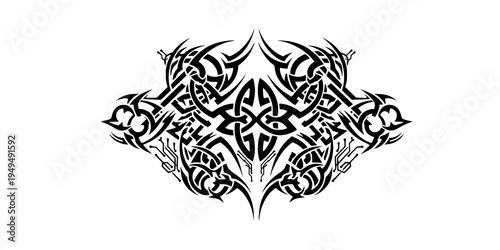 Neo tribal art constructor. Y2k cyber sigil aesthetic tattoo, simmetric ethnic celtic shape. Vector illustration of emo gothic tribal tattoo designs, acid metal music poster.