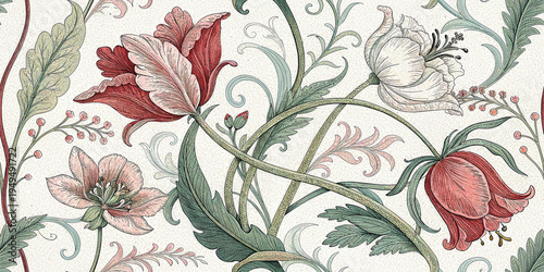 Elegant seamless pattern featuring delicate floral motifs and vintage botanical scrollwork art