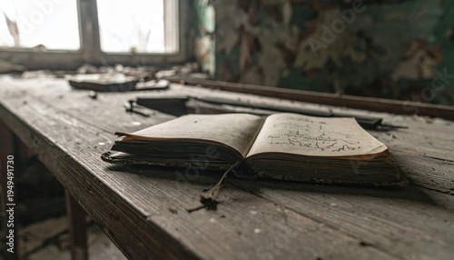 A tattered soldier's diary filled with anxious handwriting and hasty sketches rests open on a weathered wooden table in an abandoned room.