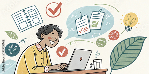 A smiling professional working on a laptop surrounded by productivity icons and a lightbulb idea
