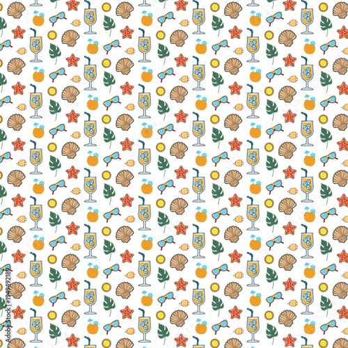 Colorful summer pattern with sunglasses and cocktails on white