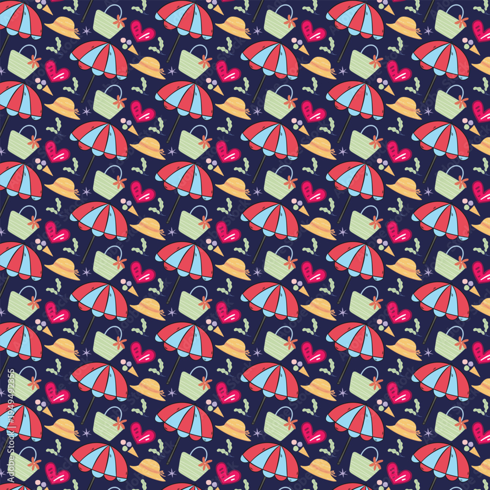 Naklejka premium Colorful beachthemed pattern with umbrella and hat on blue background