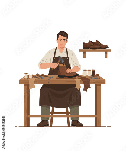 craftsman polishing leather shoes at wooden workbench vector illustration