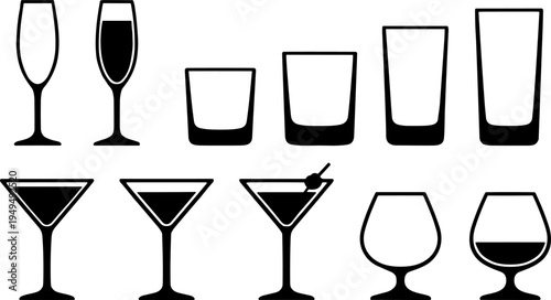 Drinking glasses silhouette icon vector illustration featuring champagne flute, martini, cocktail, tumbler, snifter, and beverage motifs