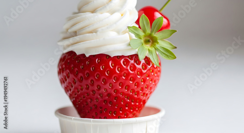 Strawberry dessert with whipped cream and fresh strawberry slice