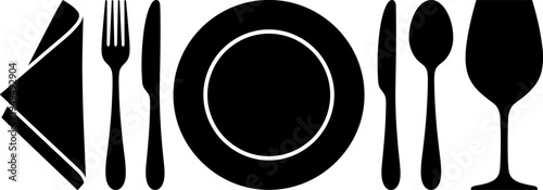 Formal table setting silhouette icon vector illustration featuring napkin, forks, plate, knife, spoons, and wine glass motifs