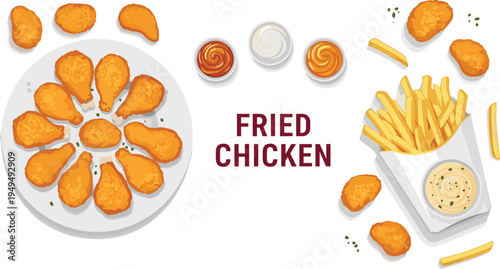Fried chicken meal vector banner. Crispy chicken drumsticks with french fries and dipping sauces. Fast food restaurant menu illustration.