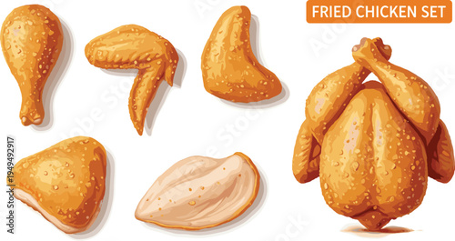 Fried chicken vector set. Crispy golden chicken pieces and whole roasted chicken collection. Fast food poultry meal isolated illustration.