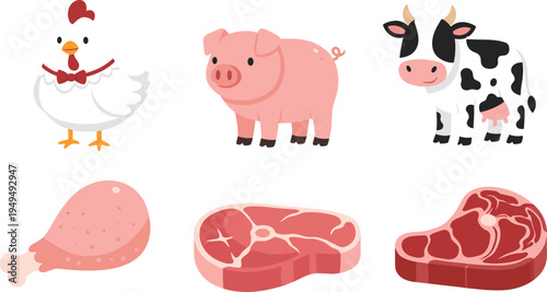 Farm animals and meat products set. Chicken, pig, cow with steak and poultry meat pieces. Agriculture food production vector illustration.