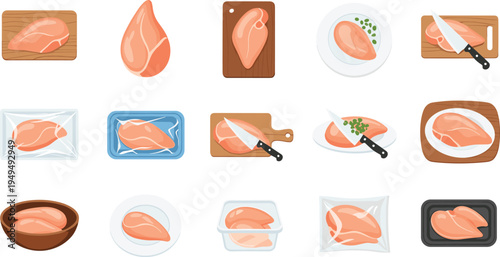 Raw chicken preparation and packaging set. Chicken breast on cutting boards, plates and plastic trays. Poultry cooking ingredients vector illustration collection.