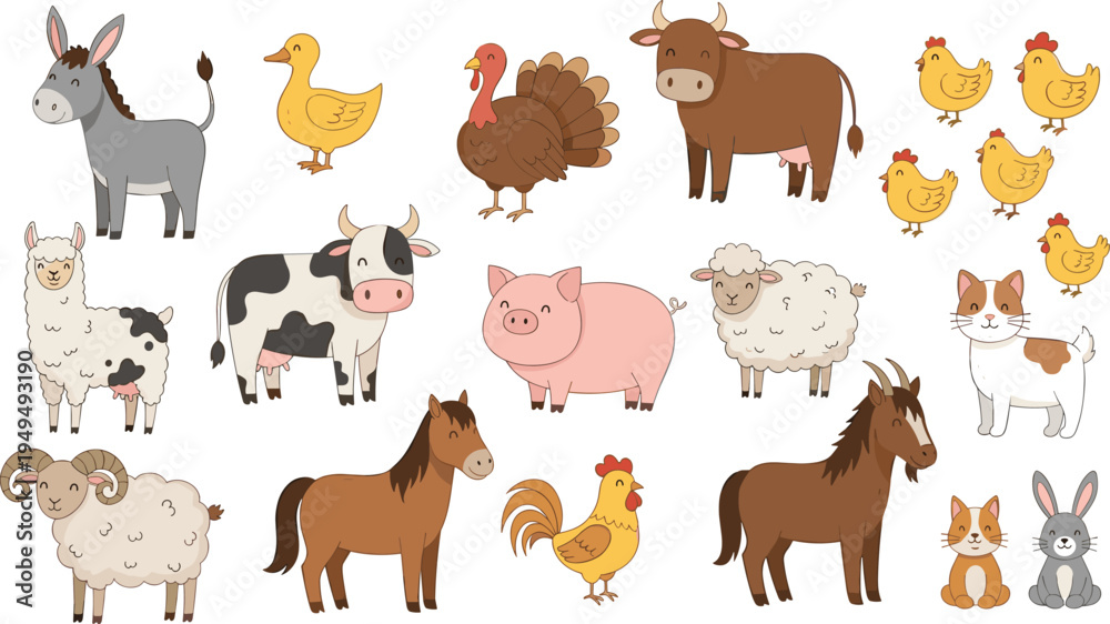 Fototapeta premium Farm animals cartoon collection. Cute domestic livestock and pets including cow, pig, horse, sheep, donkey, chicken, duck, rabbit and cat. Rural farm vector set.
