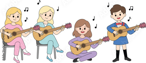 Happy children playing acoustic guitar together, kids music class learning instruments, joyful students practicing guitar lesson, cartoon music education illustration
