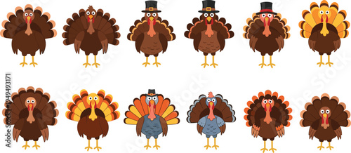 Thanksgiving turkey cartoon character set. Cute festive turkeys with pilgrim hats and colorful feathers. Funny autumn holiday bird vector illustration collection.
