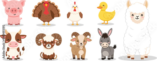 Cute farm animals cartoon set. Pig, turkey, chicken, duck, cow, ram, goat, donkey and llama characters. Funny domestic livestock vector collection.