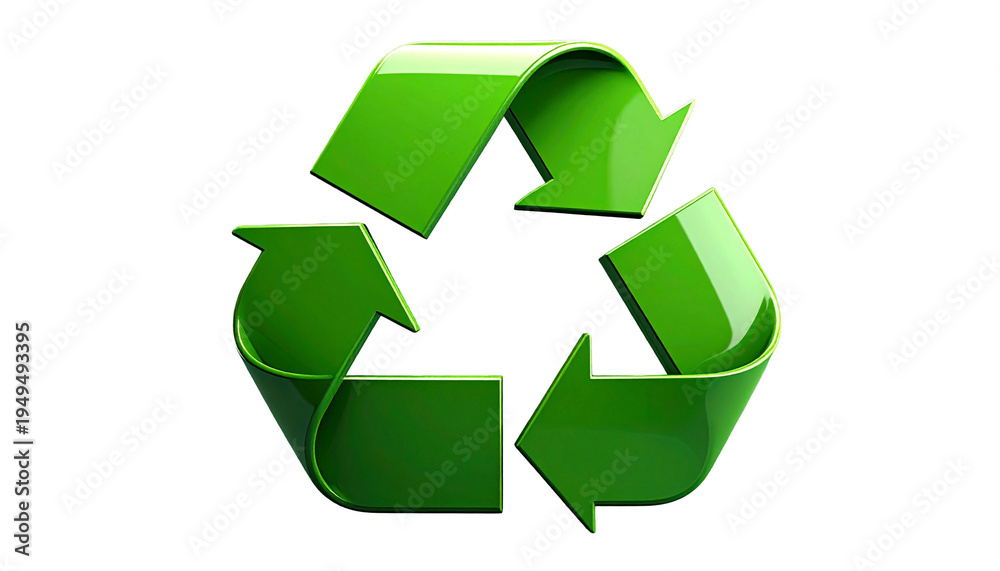 Fototapeta premium Dreidimensionales grünes Recycling-Symbol aus drei Pfeilen, isoliert auf hellem Hintergrund