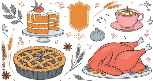 Thanksgiving food hand drawn set. Roast turkey, pie, cake and hot drink with wheat and spices. Autumn harvest vintage engraving style vector collection.