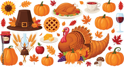 Thanksgiving autumn elements collection. Turkey, pumpkins, cornucopia, pie, pilgrim hat and fall leaves. Harvest holiday food and decoration vector set.