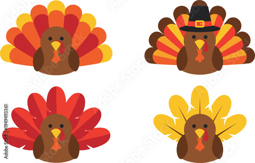 Cute Thanksgiving turkey cartoon set. Colorful autumn turkeys with bright feathers and pilgrim hat. Simple festive harvest bird characters isolated vector collection.