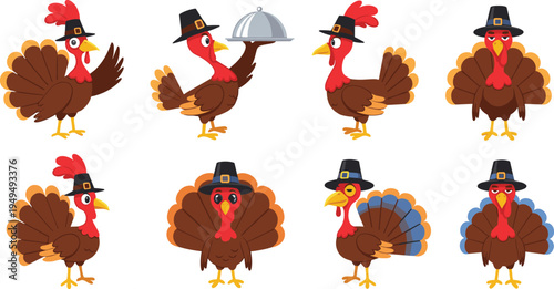 Thanksgiving turkey cartoon characters set. Cute festive turkeys with pilgrim hats and traditional holiday style poses. Autumn harvest mascot birds isolated vector collection.