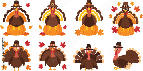 Cute Thanksgiving turkey characters set. Cartoon autumn turkeys with pilgrim hats, pumpkins and fall leaves. Festive harvest birds isolated vector collection.
