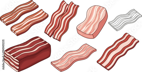 Bacon strips and pork belly collection vector illustration. Raw bacon rashers, sliced bacon and pork belly meat cuts isolated on white.