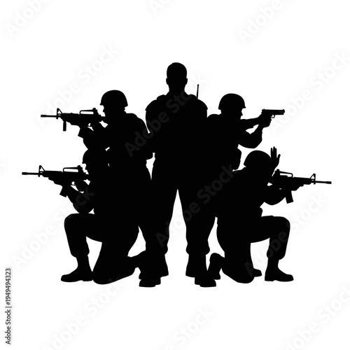 Special Forces Team Silhouette with Rifles Ready for Action