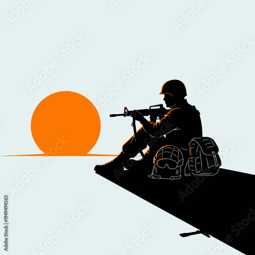 Soldier Silhouette with Rifle and Gear at Sunset
