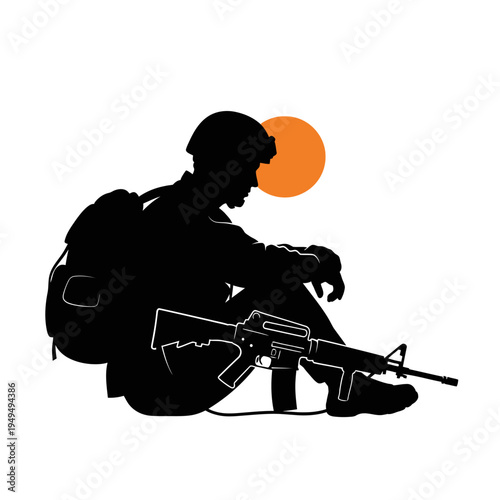 Soldier Silhouette Resting with Rifle and Backpack Against Orange Sun