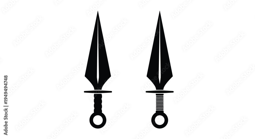 Fototapeta premium Two black silhouette spearheads or arrowheads displayed against a white background