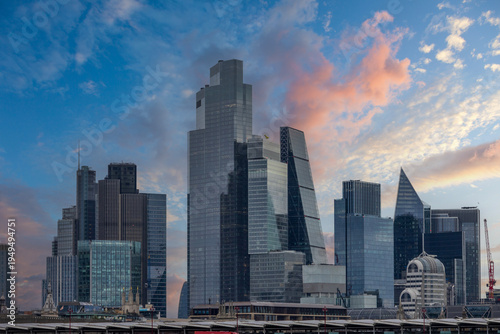 Skyscrapers, office building and hotels in the skyline along the Queens Walk in London England UK