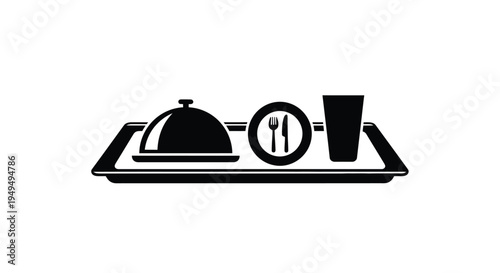 Black and white illustration of a room service tray with food and drink