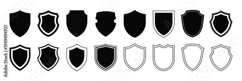 Shield Icon Set, Protect Security Badge Line Icons with Retro Heraldic Shield Symbols for Quality Assurance, Protection Emblems, Logo Design, Labels and Classic Vector Illustration