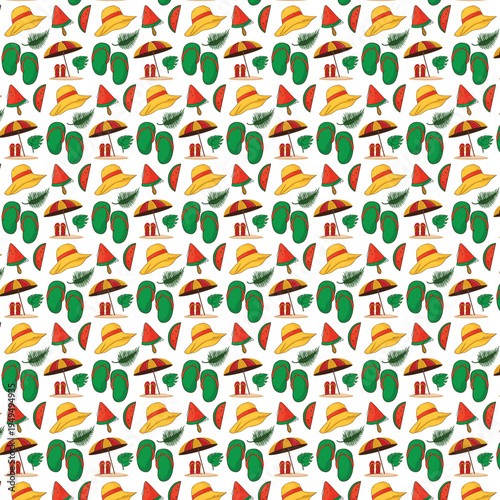 Colorful summer beach elements pattern with watermelon and hats