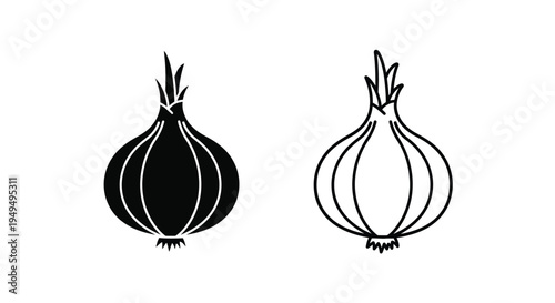 Two stylized onion illustrations one solid and one outlined in black