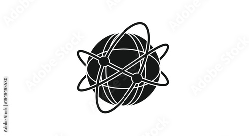 Abstract depiction of an atomic structure with orbiting lines and a central sphere