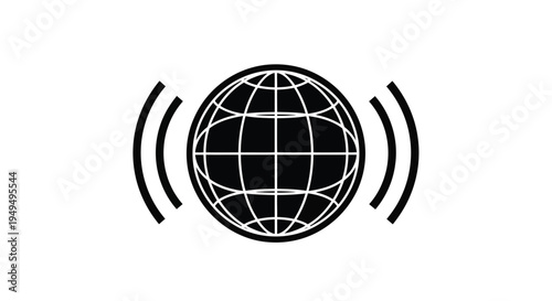 A simple black and white illustration of a globe with radiating waves