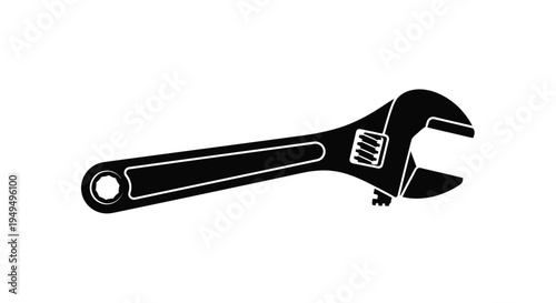 A black and white silhouette of an adjustable wrench laid horizontally