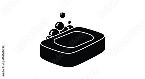 Black and white illustration of a bar of soap with bubbles