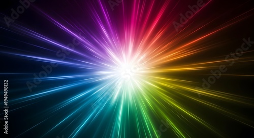 Vibrant rainbow light burst with multicolored rays on dark background