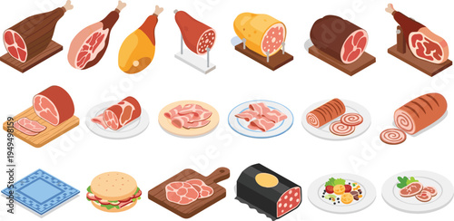 Deli meat and ham products collection vector. Prosciutto legs, salami rolls, bacon slices and cold cuts. Butcher charcuterie food set.