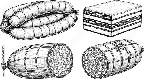 Vintage sausage and salami engraving set. Hand drawn deli meat, bacon slab and cured sausage rolls. Retro butcher charcuterie food sketch illustration.