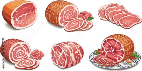 Ham meat cuts collection vector. Sliced pork ham, rolled bacon and roasted ham pieces. Butcher deli meat and cured pork food illustration set.