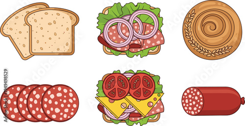 Sandwich ingredients and deli food set. Bread slices, salami sausage, sandwich with cheese, tomato and onion. Bakery bun and cold cuts vector illustration.