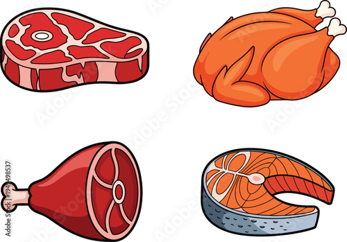 Cartoon raw meat collection. Beef steak, whole roasted chicken, ham leg and salmon slice. Butcher shop meat cuts and fresh protein food vector set.