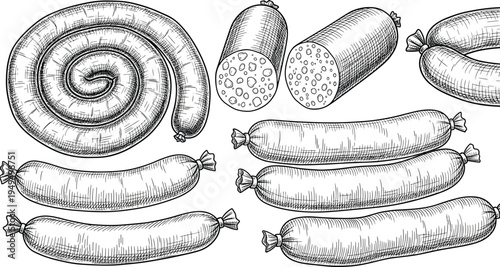 Vintage sausage engraving vector set. Hand drawn smoked sausages, salami and deli meat cuts. Butcher food sketch illustration.