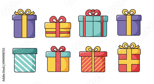 Colorful gift boxes collection vector illustration for holiday celebrations