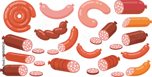 Sausage vector collection set. Different smoked sausages, sliced salami and deli meat pieces. Butcher food illustration.